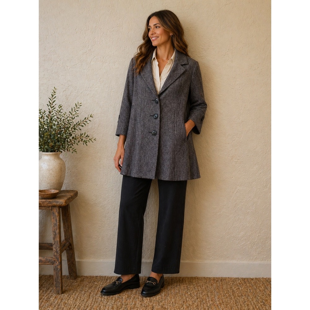 Cabi Womens Grey Textured Button Front Car Coat 3/4 Sleeve Pleated Back Size 2